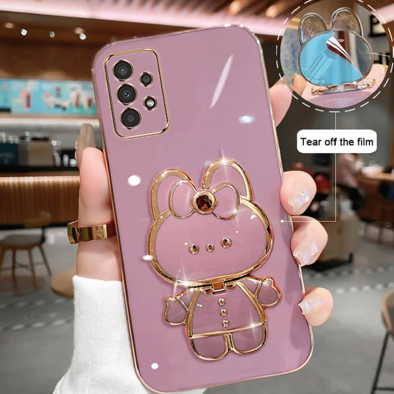 

For Samsung Galaxy A33 5G Phone Case Soft Silicone Plating Cartoon Rabbit Fold Stand Makeup Mirror Bracket Cover