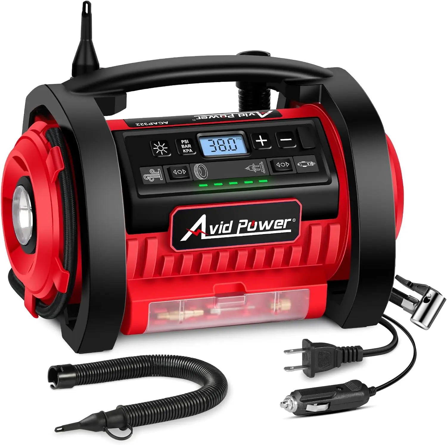 

Portable Air Compressor with Dual Motors, Digital Gauge for Car Tires and Inflatables, 12V DC/110V AC Power