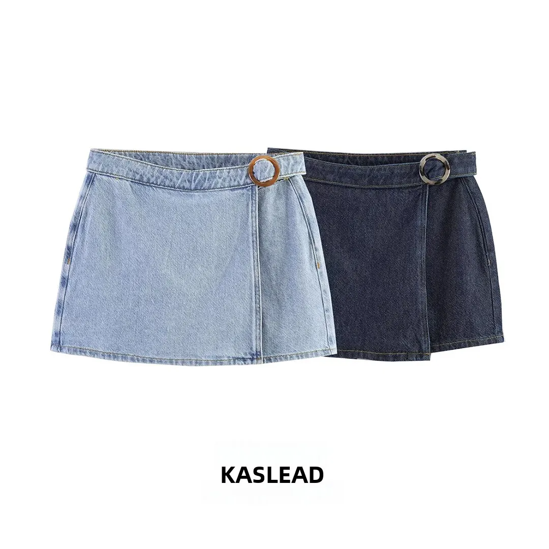 Fashionable Simple Women's Denim Double-breasted Skirt Pant KASLEAD New Arrival Standard Fit A-line Midi Skirt Polyester Fiber
