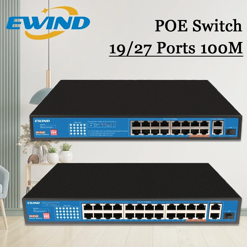 

EWIND POE Switch 19/27 Ports 10/100Mbps Unmanaged Gigabit Network Ethernet Network Switches With Dial Code for home NVR camers