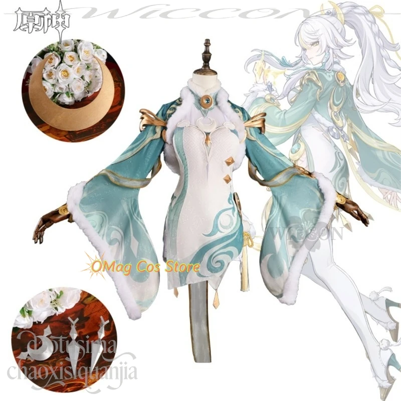 Anime Game Genshin Impact Cosplay Zibai Retro Uniform Chinese Fairy Green Dress Qipao Cheongsam White Wigs Halloween Chr view 2