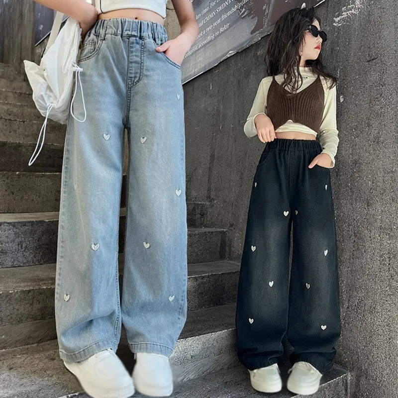 

Kids Girls Casual Baggy Pants Wide Leg Denim Pants Elastic Waist Casual Jeans Children Trousers Clothes Age 5-14Years