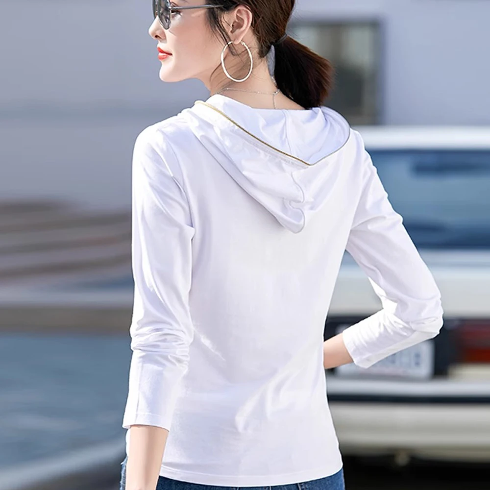 Women\'s 2024 new spring and autumn long sleeved hooded rose red top women\'s plus size t-shirt thin cut hooded zip chain trendy