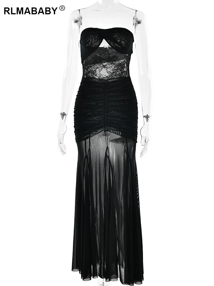 RLMABABY セクシーなパッチワークストラップレス女性スリムマキシドレス夏のレースメッシュスプライシングバックレスカットアウトシャーリングパーティーロングドレス