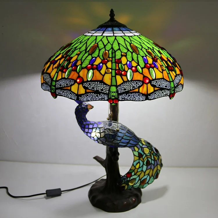 LongHuiJing 18 Inch Dragonfly Tiffany Style Table Lamp Blue Green Stained Glass Table Lamp Living Room Bedroom Cafe Antique Art