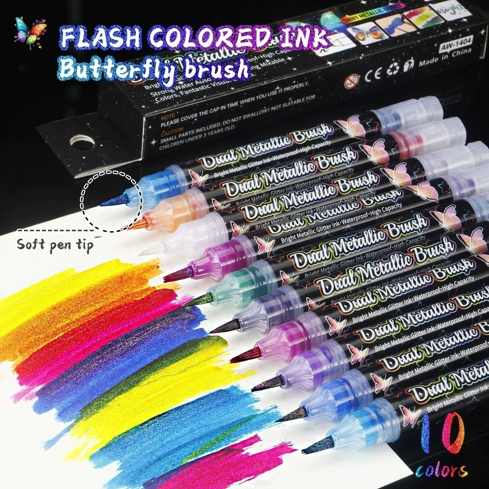 

10Pcs Metallic Glitter Butterfly Marker Pens, Soft Pen Tips Flash Ink, For Student Painting, Calligraphy,DIY Craft Supplies