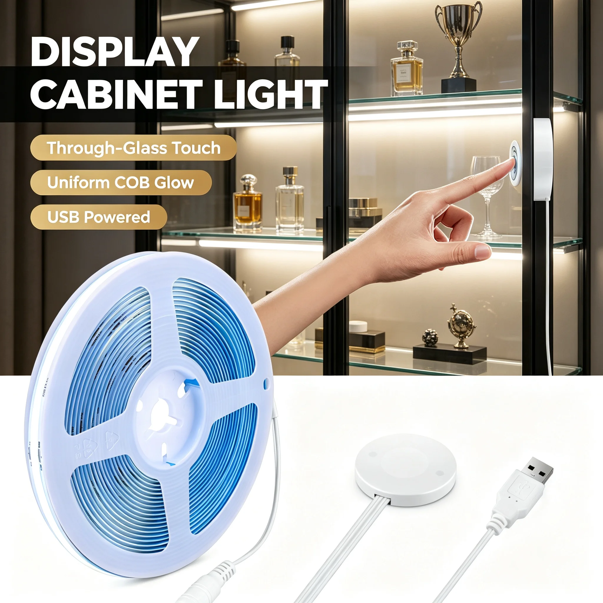 Touch Partition‑Sensing COB LED Strip Light Set, 5V USB Low Voltage No Drilling Installation, Cuttable Flexible COB Tape Light