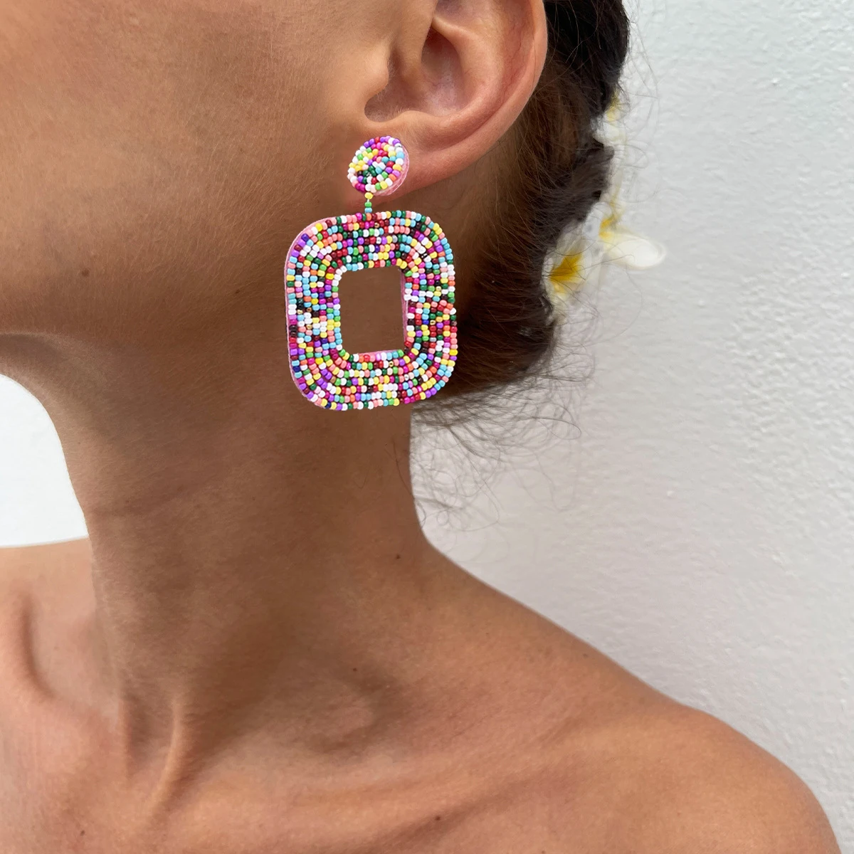 

European and American fashion new rice bead earrings handmade beaded square earrings exaggerated women's earrings Bohemia