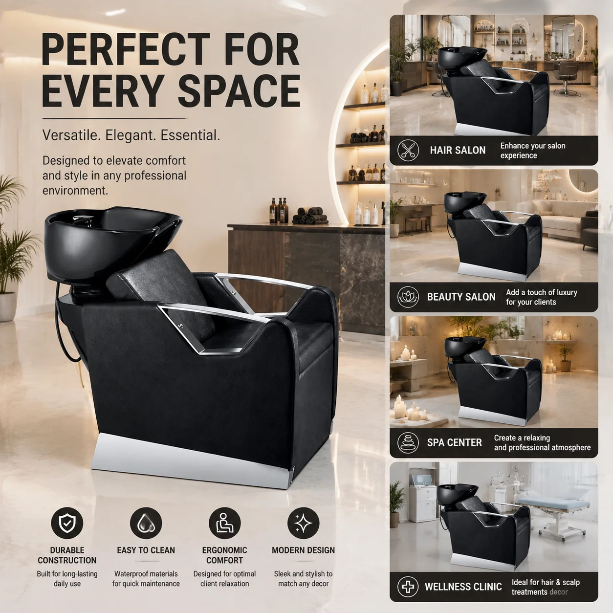 Professional Shampoo Backwash Unit Salon Hair Washing Chair With Ceramic Basin PU Leather Reclining Seat