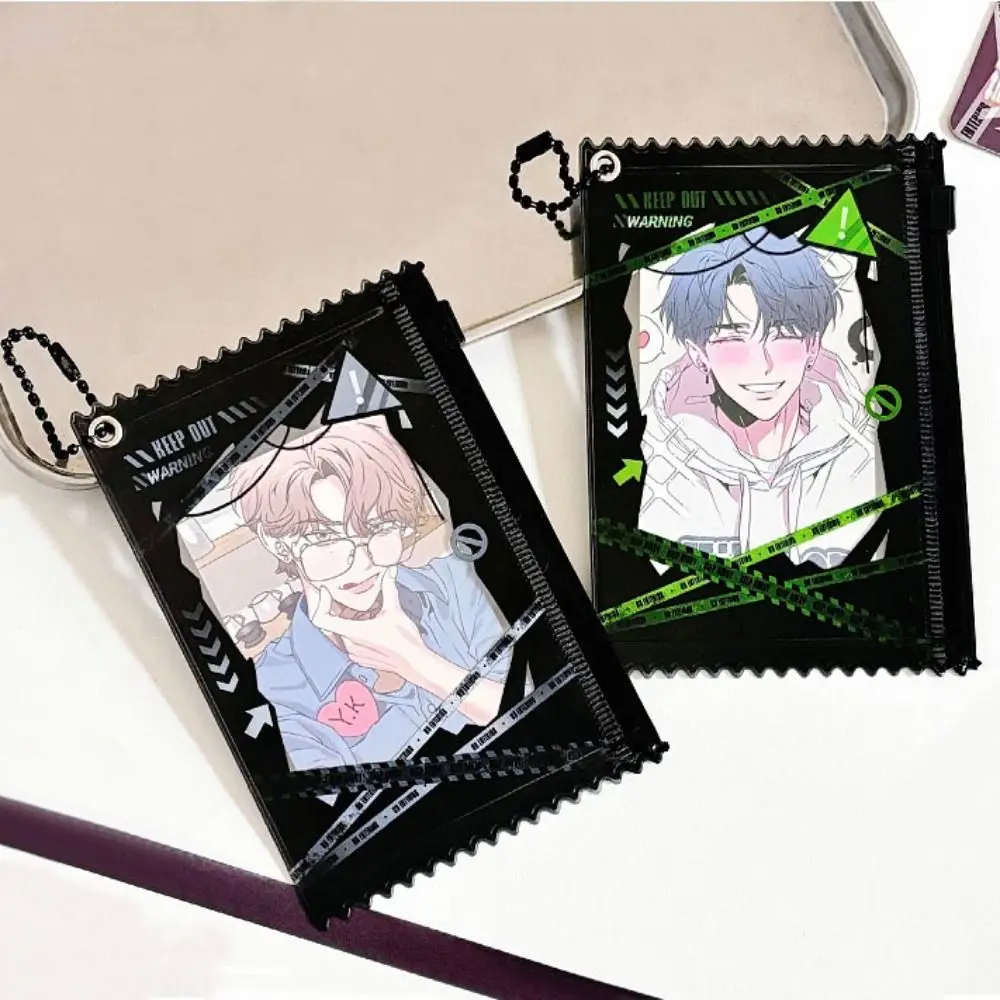 Etui na fotokarty z motywem mangi i anime, z ostrzeżeniem o stylu linii, ochronne etui na zdjęcia z łańcuszkiem, etui na naklejki ze zdjęciami.