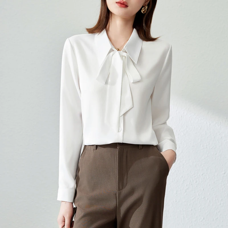 

Women's Chiffon Blouse for Office - 2025 New Long Sleeve Bow Tie Shirt Elegant Solid Color Work Tops