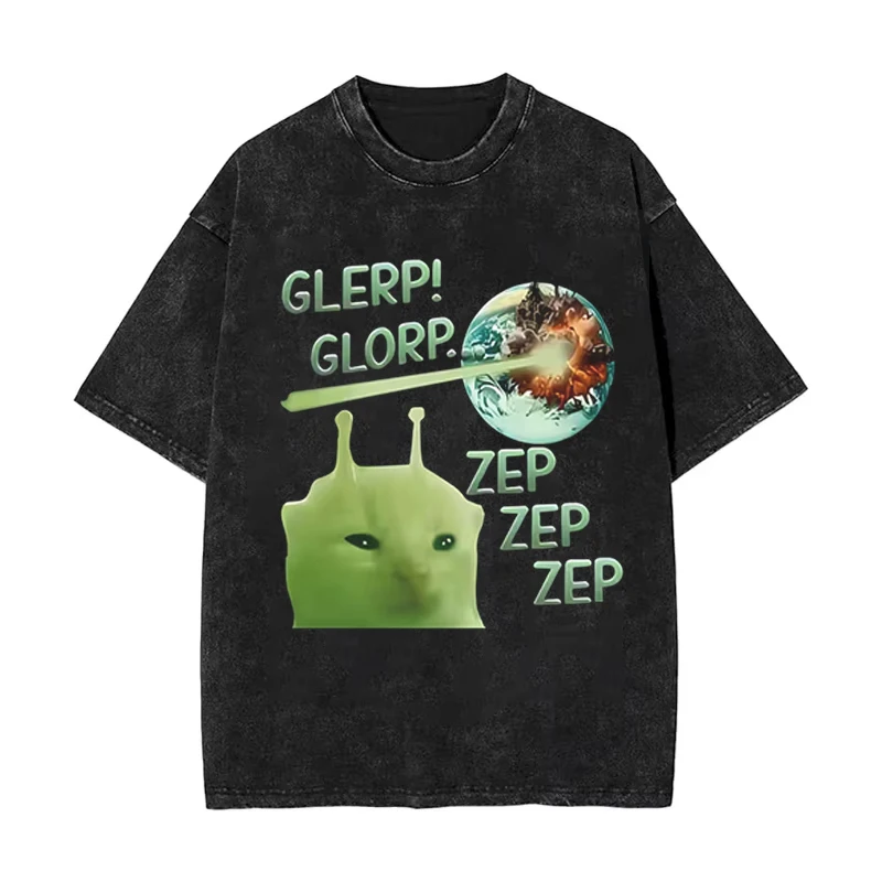 Vintage Śmieszny Meme z Kotem-Alienem Brainrot Humor Weirdcore Sprany T-shirt Y2K Męski Damski Streetwear Bawełniany T-shirt Harajuku Unisex Top