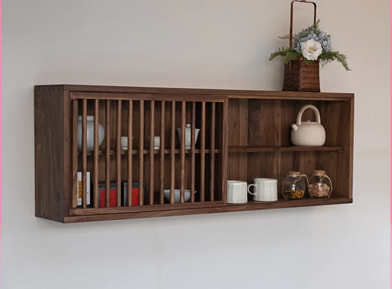 Hanging cabinet wall storage cabinet black walnut Zen tea room receives old elm mortise and tenon decorative wall cabinet.