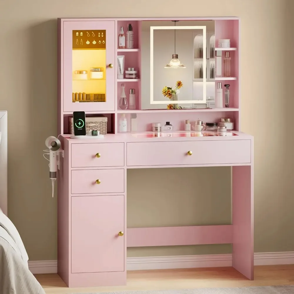 

Makeup Vanity Desk with Lighted Mirror – Glass Top Vanity with RGB Cabinet & Jewelry Organizers for Bedroom Dressing
