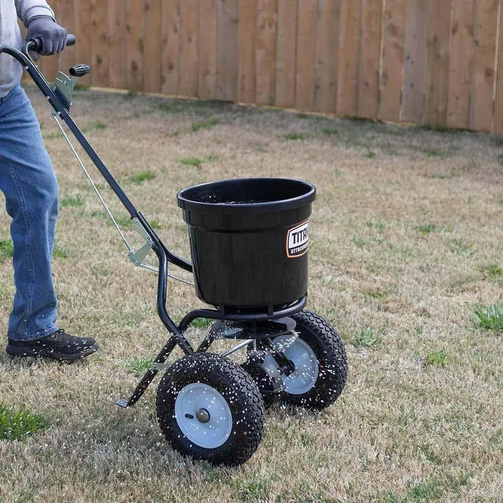 Attachments 50 lb Professional Fertilizer Push Broadcast Spreader, Spreads 10 to 12 FT, Lawn Care and Ice Melter, Yard Too