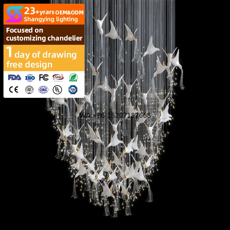 Modern Custom LED Chandelier Pendant Light Elegant Bird Design for Indoor Decoration Square Glass Hanging Lamp for Villa E12