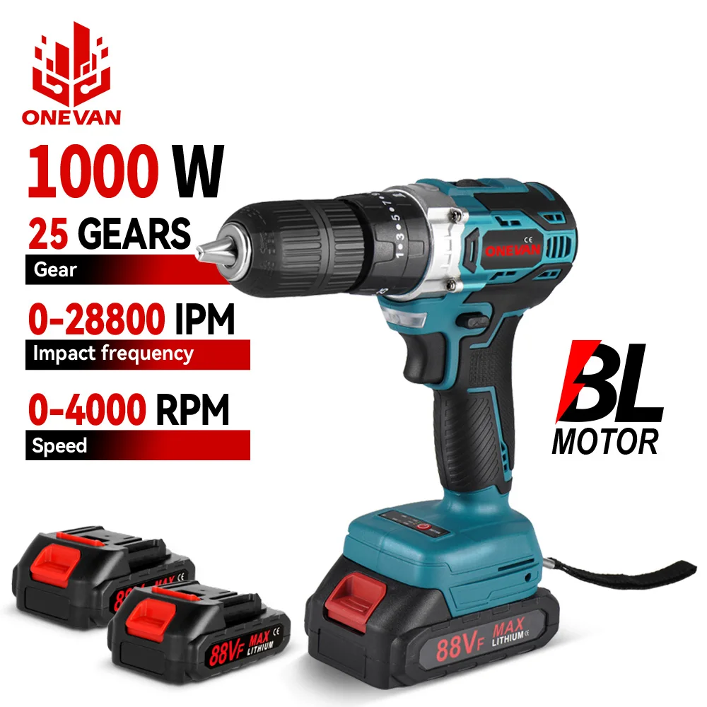 ONEVAN 1000W Brushless Electric Impact Drill 25+3 Torque 3 in 1 Electric Cordless Screwdriver Power Tools For Makita 18v Battery