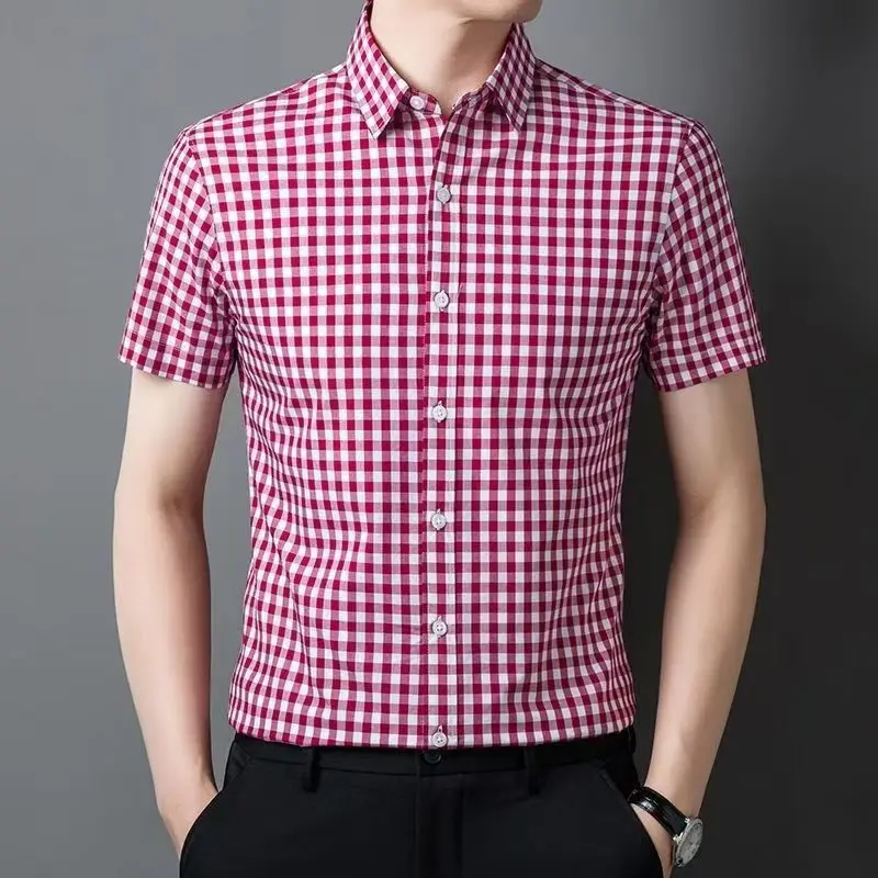 New 2026 Men's Casual Plaid Short Sleeve Shirt Thin Non-iron Korean Style Business T-shirt Summer Slim Fit Daily Wear