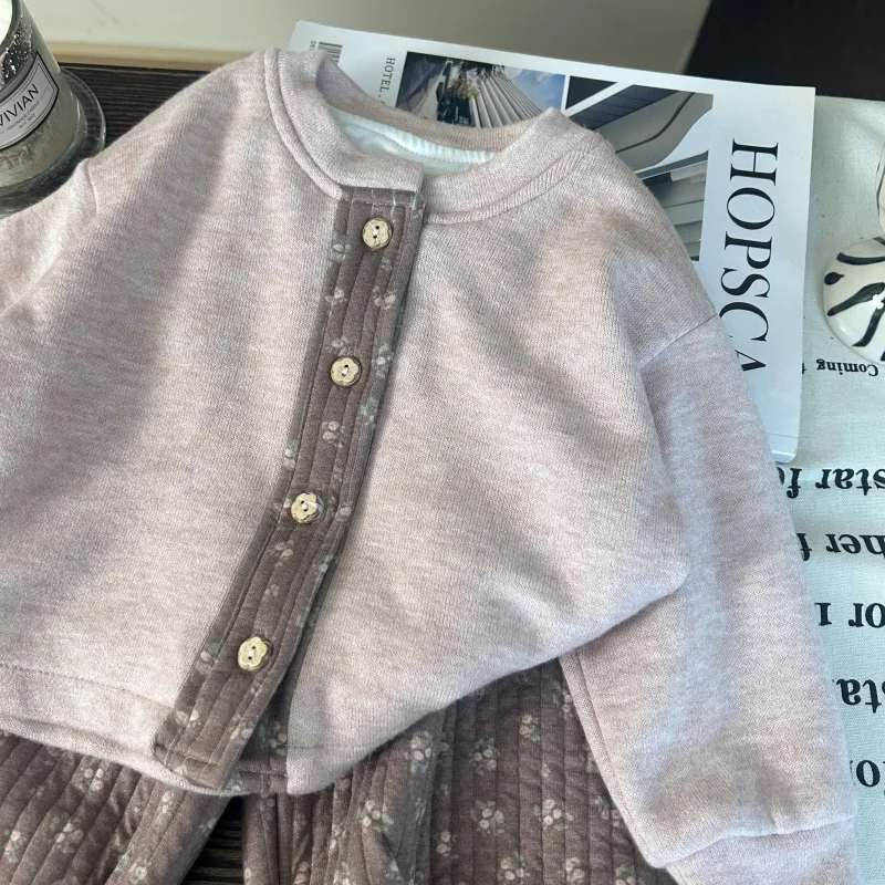 Korean Children's Clothing 2025 New Autumn and Winter Girls Knitted Sweater Cardigan Children Floral Bloomers Two-piece Set