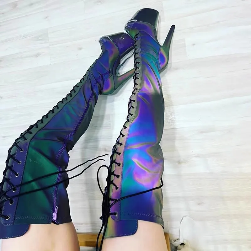 LAIJIANJINXIA New 20CM/8Inch Holographic Upper Women's Platform Party High Heels Modern Over The Knee Boots Pole Dance Shoes 494