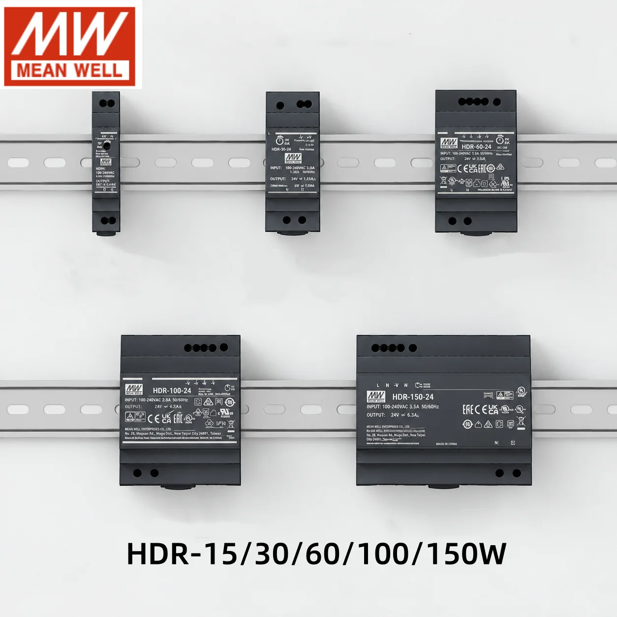 MEAN WELL HDR Series DIN Rail Switching Power Supply Ultra Slim HDR-15-5 HDR-15-12 HDR-15-24 HDR-30-24 HDR-60-24 HDR-150-24