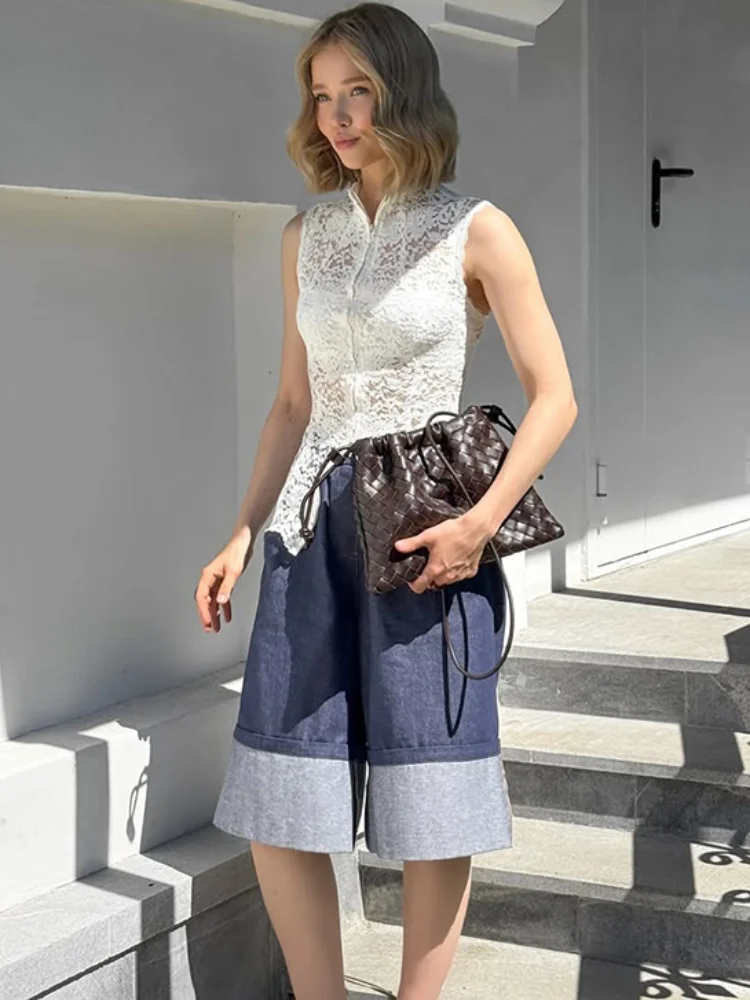 

Women Sexy White Sleeveless Lace Vest Elegant Turtleneck See Through Off Shoulder Zipper Slim Vests 2025 Lady High Street Wear