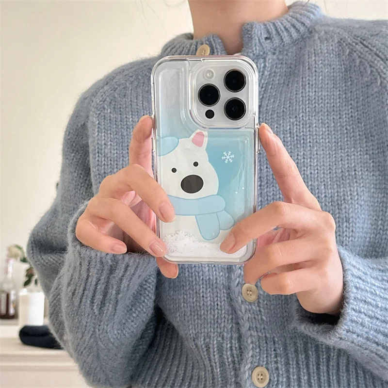 Box Snowflake Flowing Sand Scarf Dog and Penguin Phone Case for iPhone 13 14 15 16 pro max