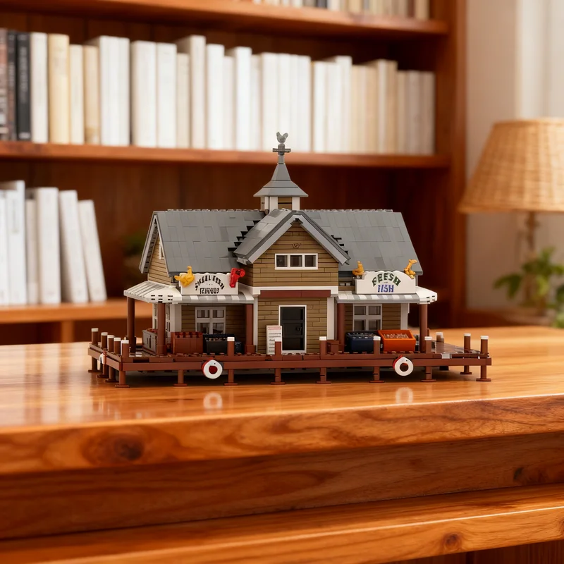 

2901 деталь MOC: Модульная модель рынка морепродуктов в темно-коричневых тонах, строительные блоки, архитектурные игрушки, рождественские подарки, развивающие игрушки для детей