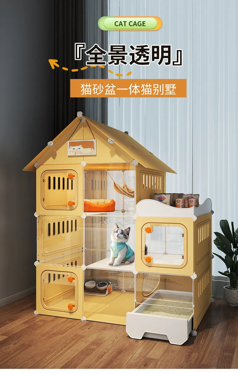 Transparent Cat House Villa Oversized Space with Cat Litter Box Toilet Integrated Household