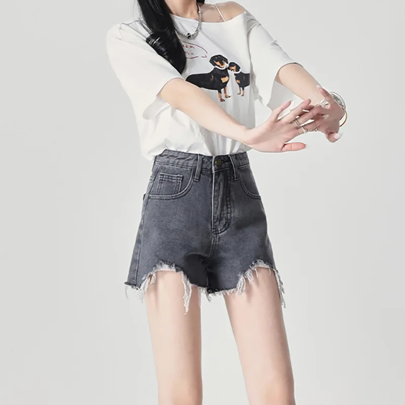 

Fashionable High-Waisted A-Line Shorts Women's Summer Loose Fit Denim Shorts Korean Style Hole Design Versatile Slimming Shorts