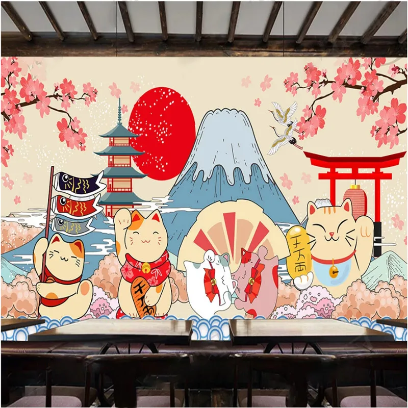 Hand-painted Cartoon Japanese Sushi Lucky Cat Industrial Decor Mural Wallpaper 3D Japanese Cuisine Sushi Restaurant Wall Paper