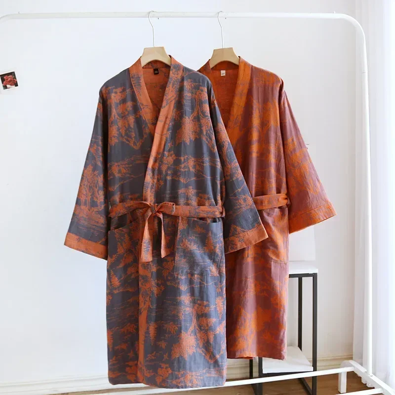 Women\'s Printed Cotton Loose Fitting Bathrobe Japanese Style Tie Up Kimono Bathrobe Sweat Steaming Cotton Pajamas Robes Women