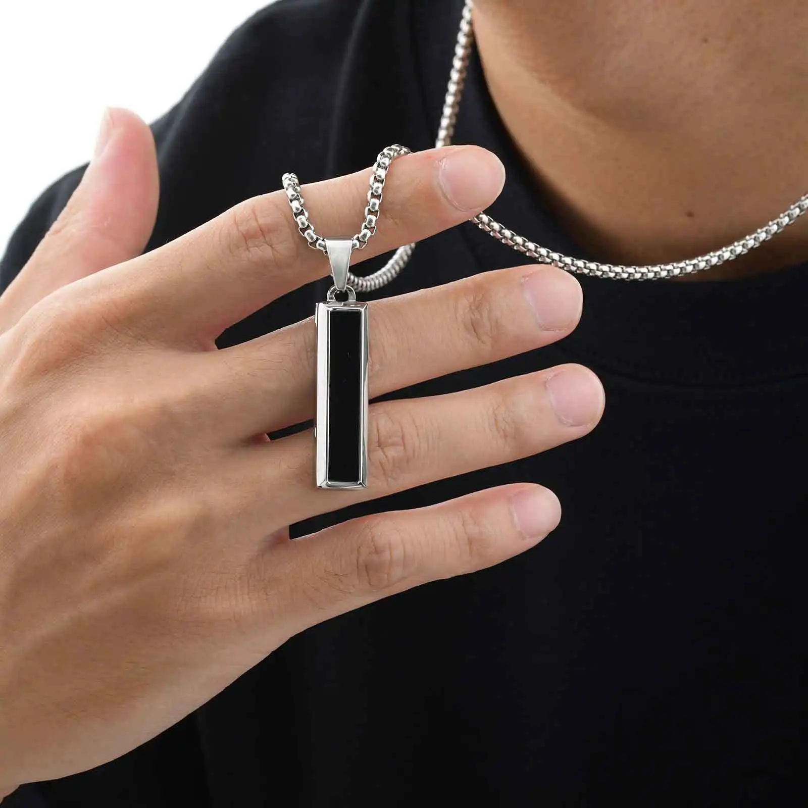 Geometrische Punk-Halskette für Männer und Jungen, vertikaler Anhänger aus Edelstahl mit natürlichem Türkis, Geburtstagsfeier, Jahrestag, Vater, Geschenk – Detail 8