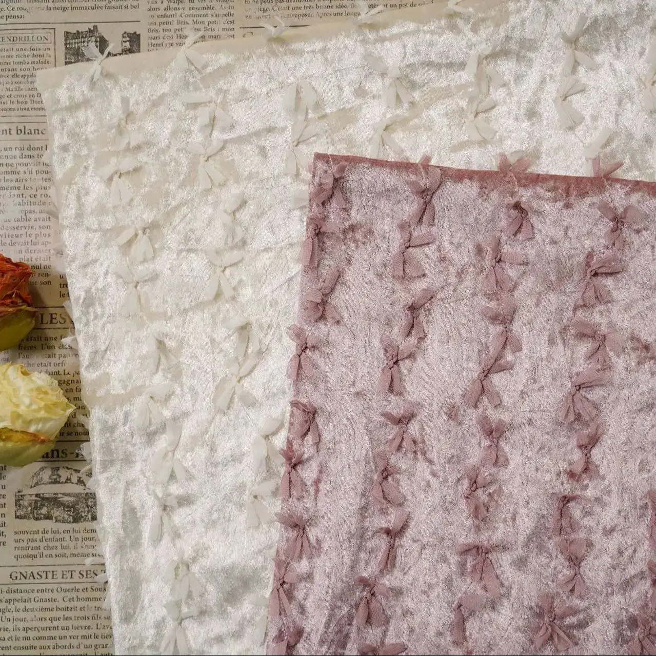 

Sweet 3D bow drape embroidered stretch velvet fabric for dress fashion decoration designer fabric sold by the meter