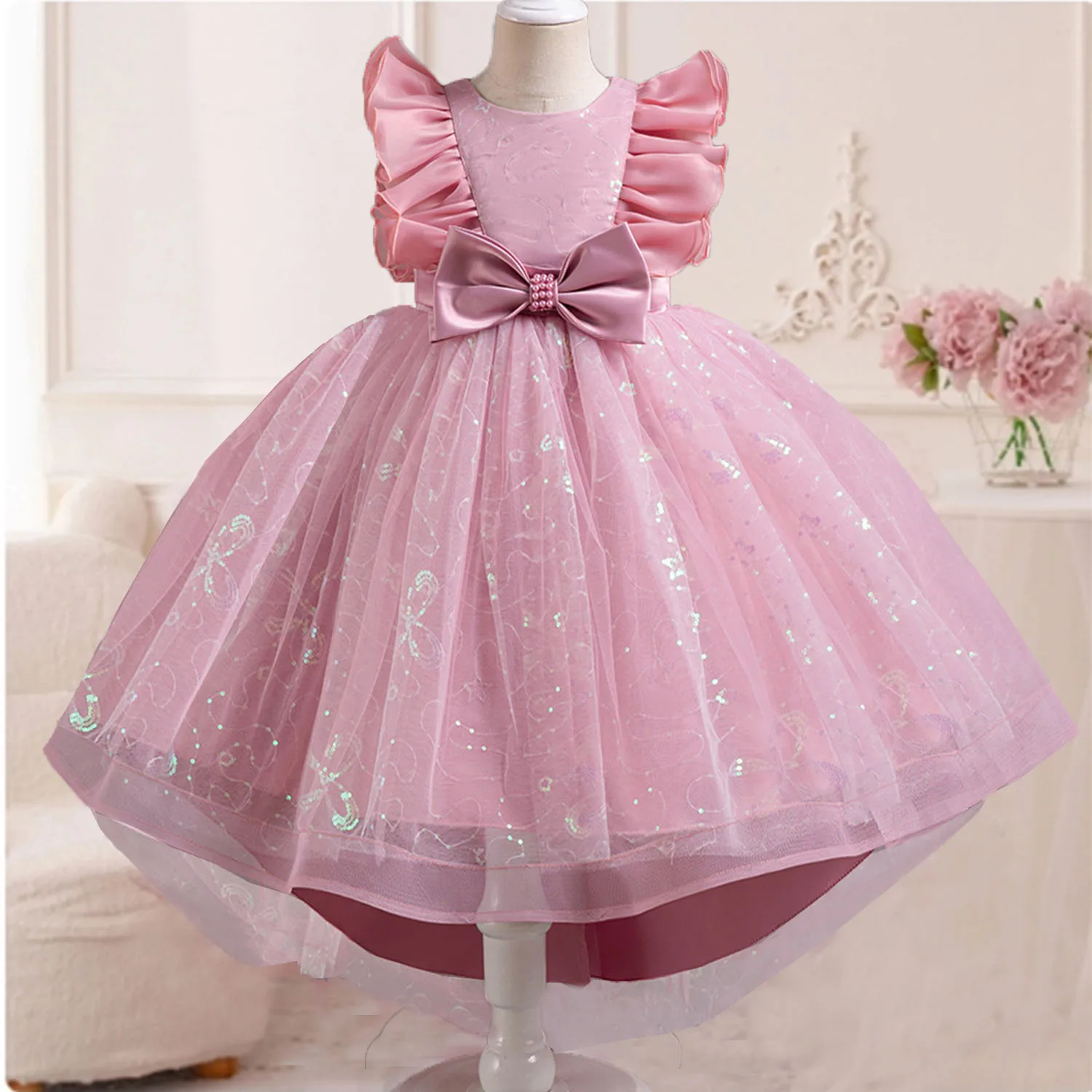 

Grace Stylish Little Girls Flutter Sleeves Bowknot Birthday Party Graduation Ceremony Pageant Festival Holiday High-Low Dress