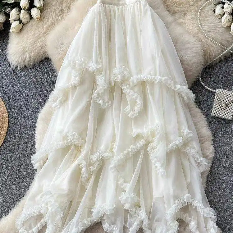 Casual Style High Waist A-Line Tulle Skirt Women's Spring 2026 Loose Fit Cake Long Skirt with Wood Grain  Polyester Fabric