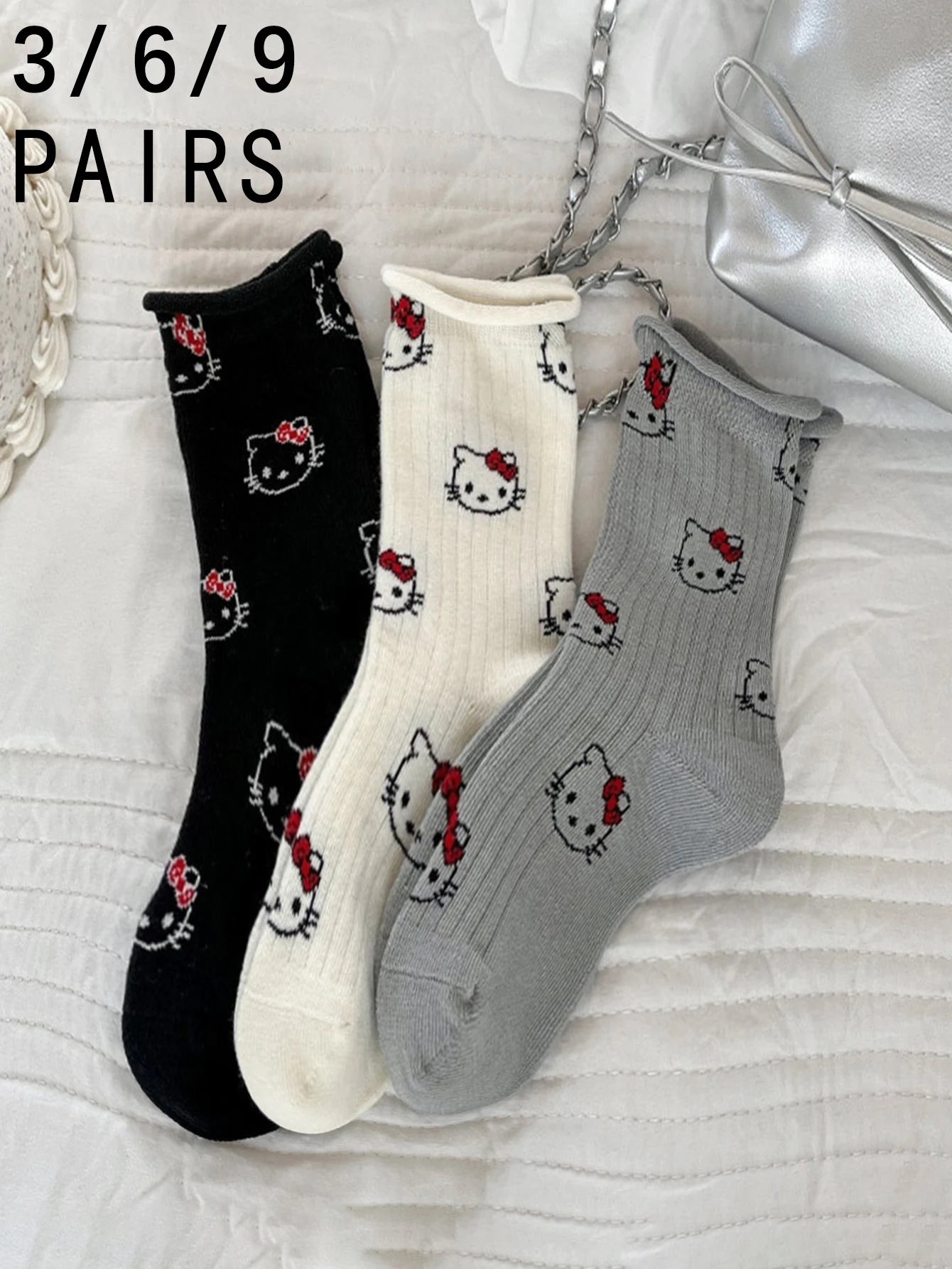 

3/6/9 Pairs random of Korean version Academic style sanrio Cartoon pattern Hello Kitty Cute and sweet Women's Mid-Calf Socks