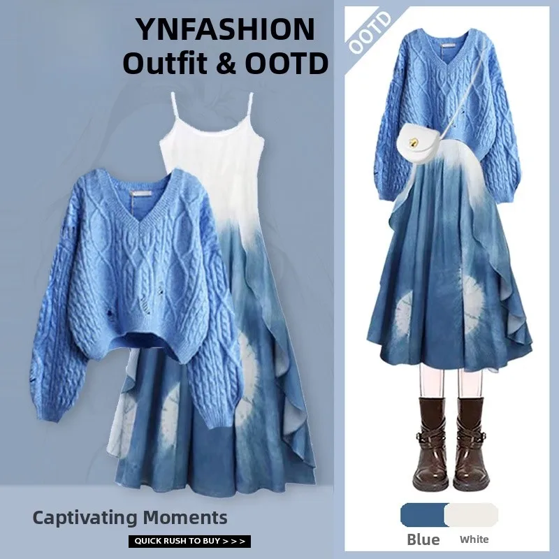 

Весенний женский модный комплект: свитер с длинным рукавом и V-образным вырезом, и юбка-миди с дизайнерскими вырезами, повседневный элегантный комплект из двух предметов