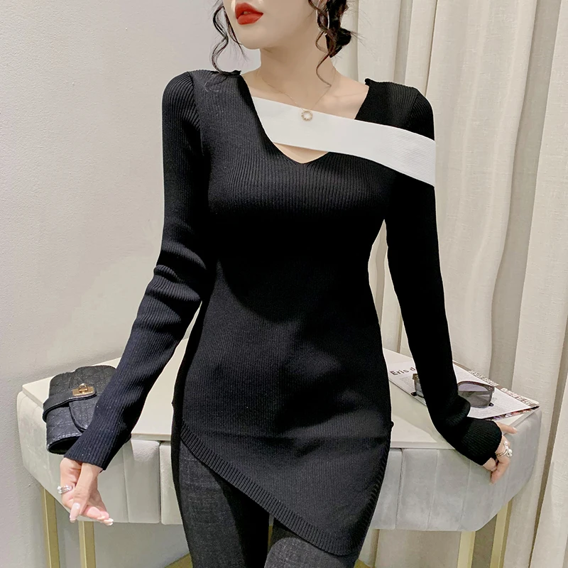 

Fall Winter Knitted Irregularity Sweater Sexy V-Neck Hollow Out Women's Long Sleeve 2022 New Cozy Pullovers Elastic Tops 0276