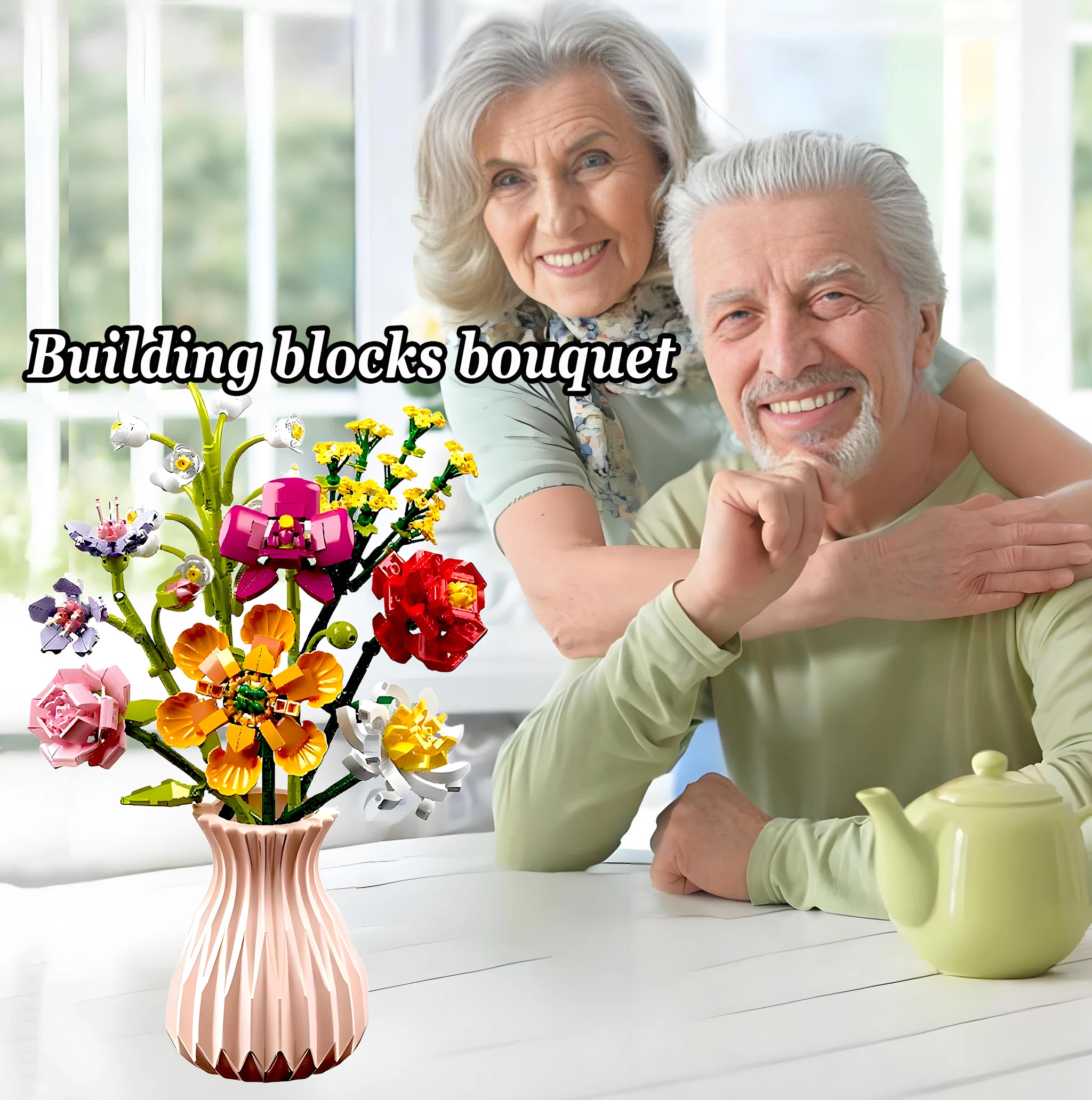 

Artificial flower decorations made of plastic building blocks, preserved flowers with vases, home decoration flowers such as tul