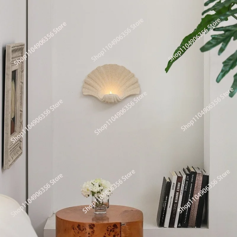 French Vintage Shell‑Look Wall Lamp Aromatherapy Candle Holder Ocean Theme Sandstone Art Sculpture Indoor Wall Decoration