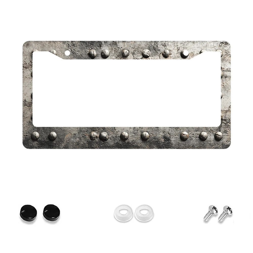 

1pc Vintage Grey Rivet Pattern 2-Hole License Plate Frame Aluminum Material 6x12 Inches with Screw Kit Retro Novelty Car Decora