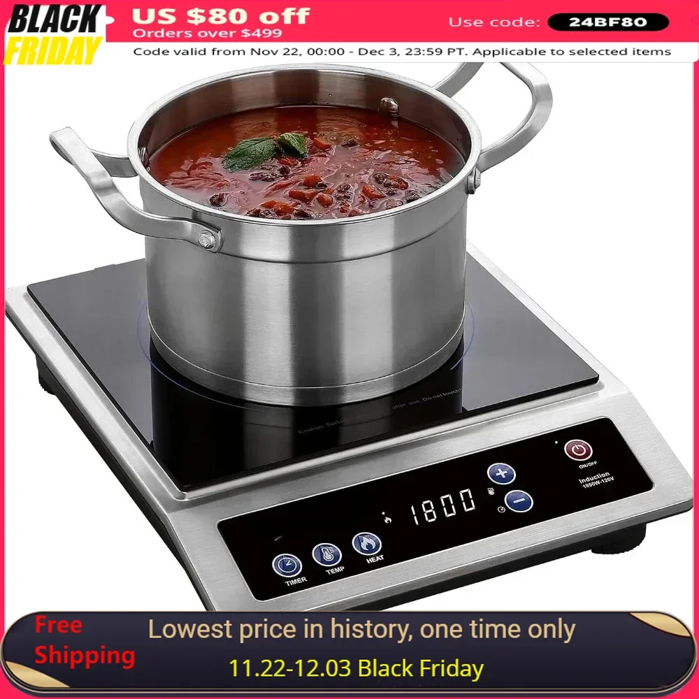 Electric Induction Cooker, 1800W Commercial Grade Portable Cooker, Countertop Burner, 10 Hours Timer, Induction Cooktop