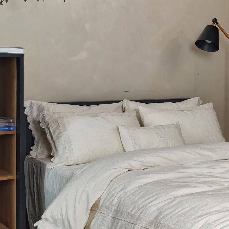 Natural fabric 50%Cotton And %50Linen Soft Bedding Set Vintage Off White Chic Shabby Lace Duvet Cover Flat Bed Sheet Pillowcase