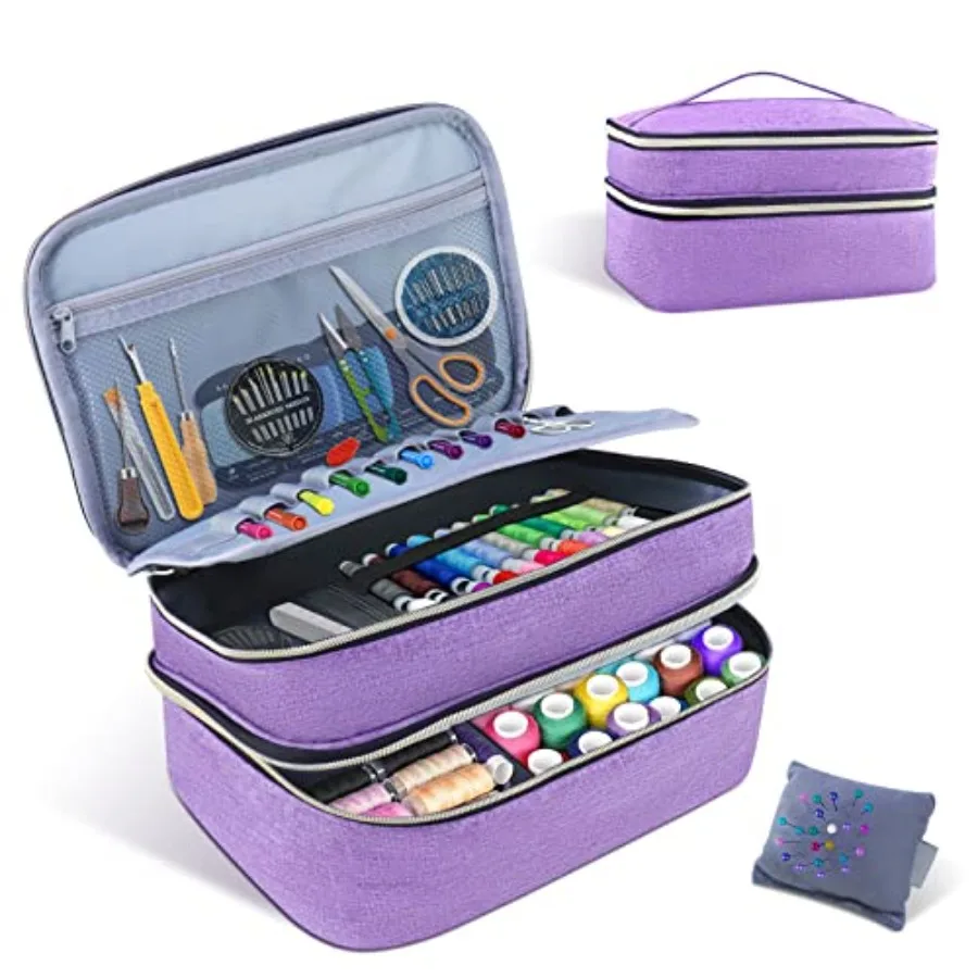 

Sewing Organizer Bag - 11.5"x8"x6" Double-Layer Sewing Box with Storage for Scissors Thread Pins Needles Clips Purple