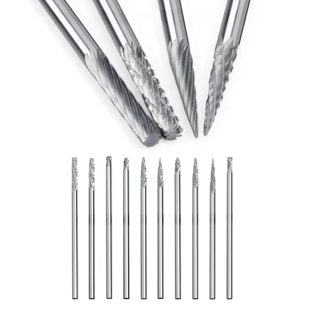10pcs Double Cut Rotary Burrs 3mm Shank Carbide Rotary File Set for Milling Carving Deburring on Cast Iron Steel Aluminum