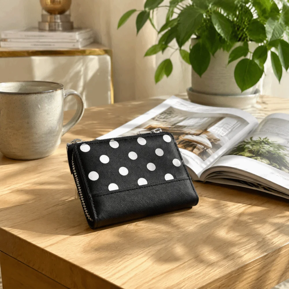 Zipper Closure Polka Dot Pattern Wallets Multi Slot Bifold Design Short Card Holder Compact Minimalist Small Coin Purse Travel