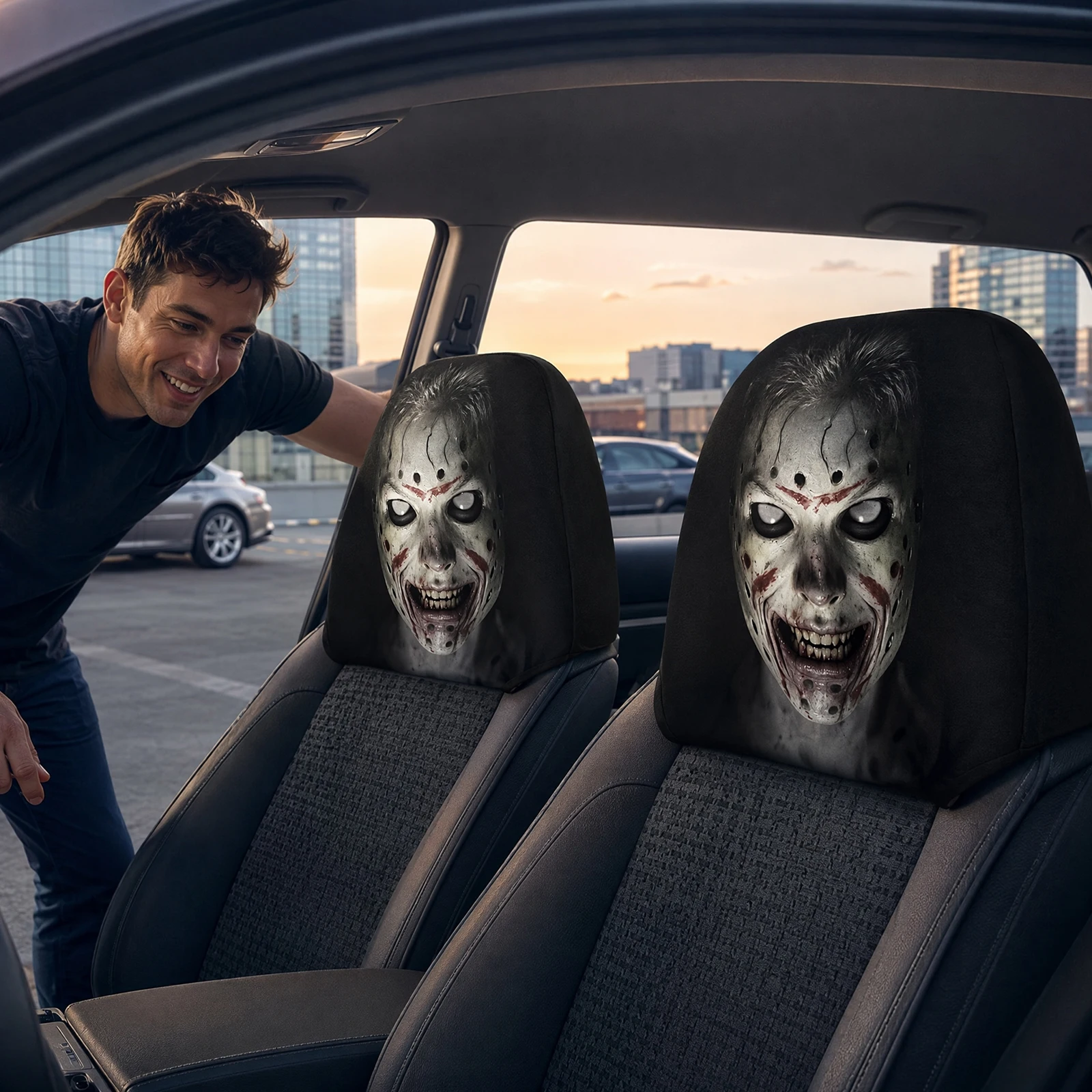 2Pcs Halloween Scary Face Head Rest Cover Stretchy Washable Printed Head Rest Protector Universal Fit for Most Cars Sedan SUV
