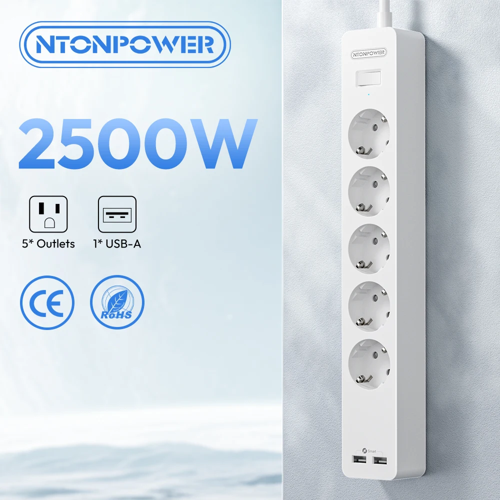 

5-Outlet Power Strip with 2 USB-A Ports 5m Extension Cord Flat Plug for Furniture Spain Wall Socket Strips European Plug Adapter