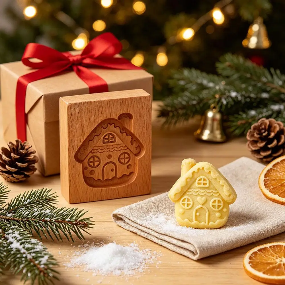 Wooden Christmas Cookie Molds Gingerbread House Sock Acorn Pattern Baking Press Mould For Xmas DIY Cookie Baking Tool
